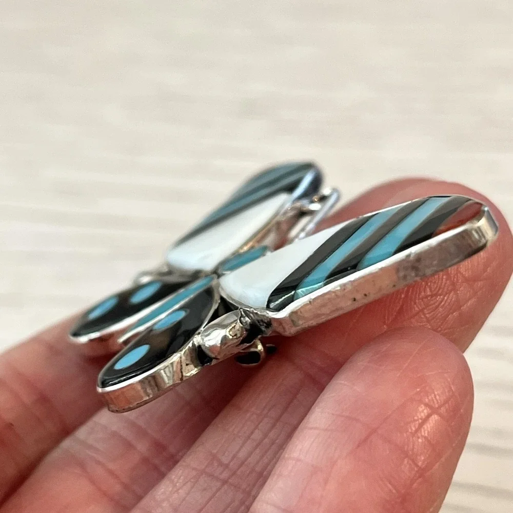 Zuni Butterfly Pendant Turquoise Inlay BIG Bug Brooch Sterling Signed Native‎